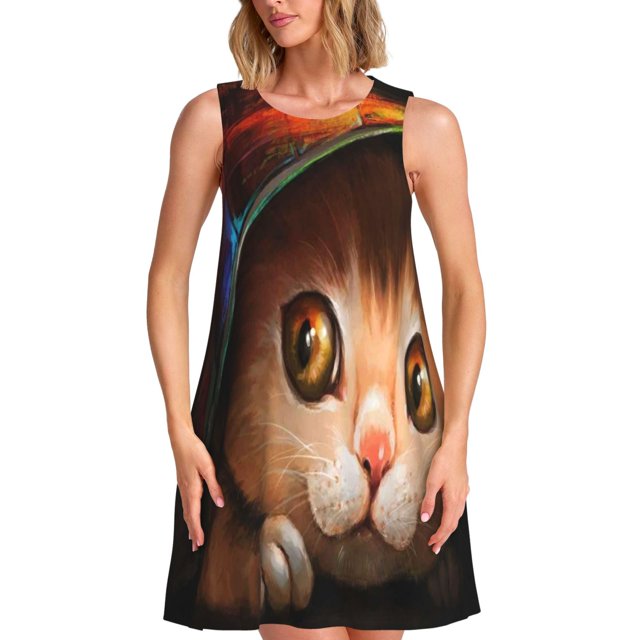 Fotbe Animal Cat Vestido de Verano sin Mangas para Mujer – Vestido Midi Línea A, Estilo Camiseta Floral, Vestido Playero Casual y Fluido