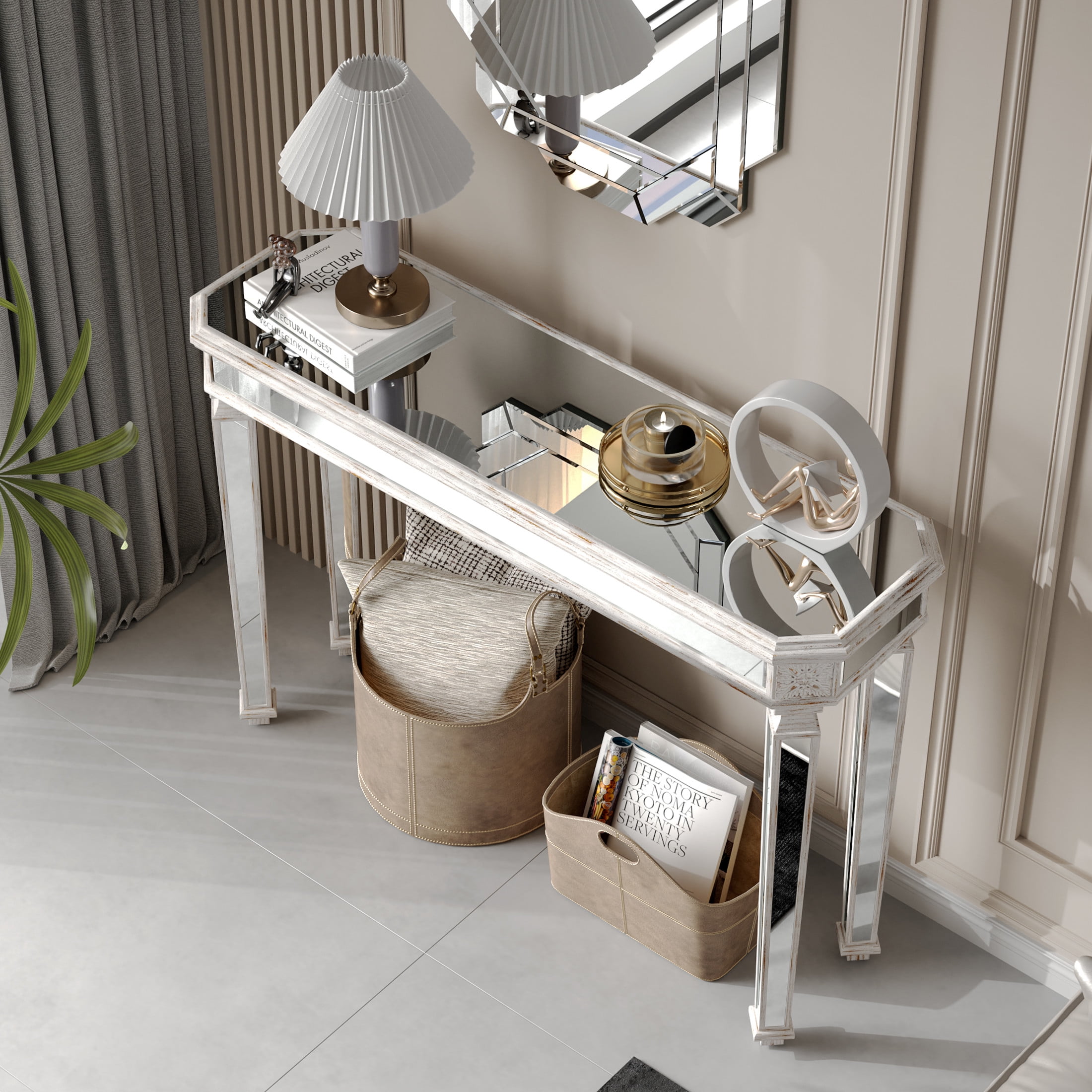 Noble House Mirror Console Table Vintage Wood Grain Carving Process Gorgeous and Noble for Entryway, Sofa Table,Living Room, Oak+Silver