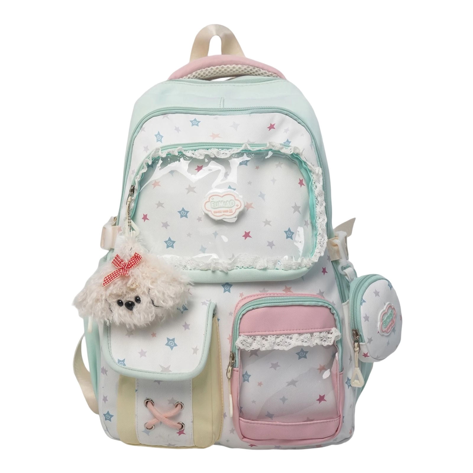 Kawaii Ita Backpack Cute School Bag for Girls Aesthetic Japanese Backpack with See-Through Window, Star Prints, Lace Trim & Plush Dog Charm for Teenage Primary Secondary School（Green）
