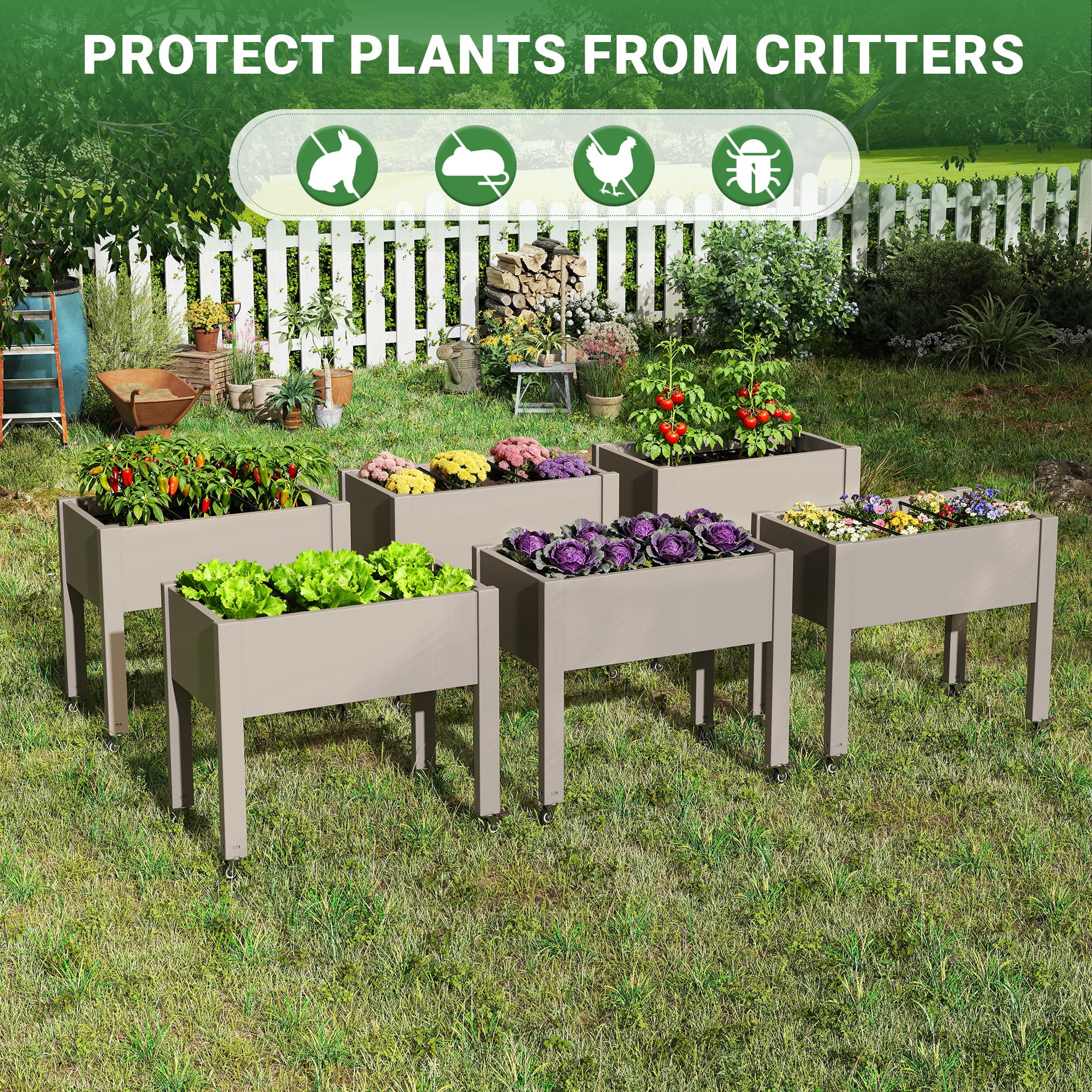 Nihsuao 30in Large Raised Garden Bed with Wheels, Outdoor Elevated Planter with Weatherproof Resin, Effective Drainage for Backyard, Patio and Balcony, Gray