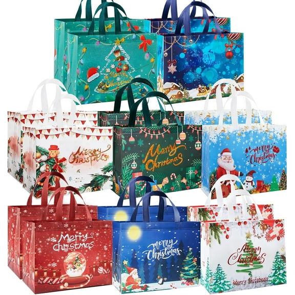 8Pcs/16Pcs/32Pcs Christmas Gift Bags with Handles, Large Non-Woven Tote Bags for Wrapping Xmas Party Favors, 12.8x9.8x6.7inch