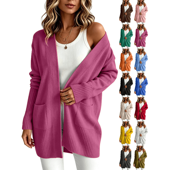 Liuinsasek Womens Casual Cardigan Winter Solid Knit Open Front Sweaters Long Sleeve Cardigan Outerwear Coats with Pockets Fashion Clothing