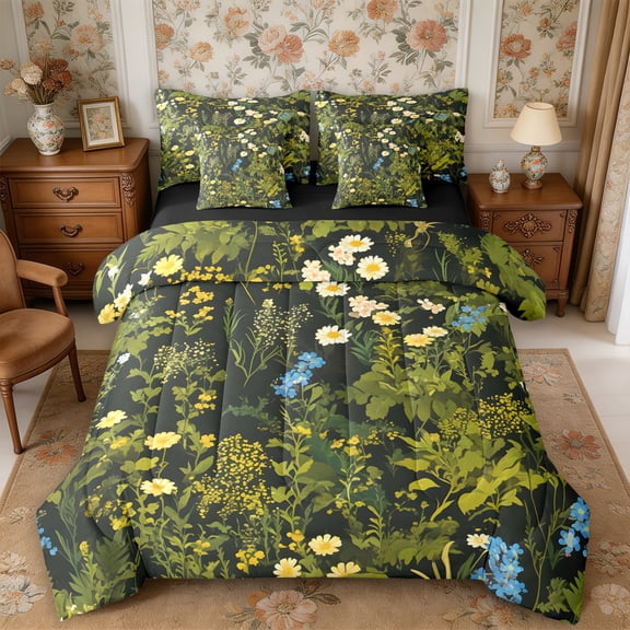 Manfei Vintage Floral 7-Piece Twin Bedding,Rustic Botanical Bedding Comforter Set,Reversible