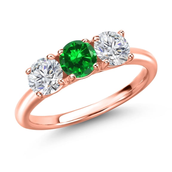 Gem Stone King 18K Rose Gold Plated Silver Green Created Emerald and Lab Grown Diamond Engagement Ring for Women | 1.84 Cttw | Round 5MM | Gemstone May Birthstone | Size 8