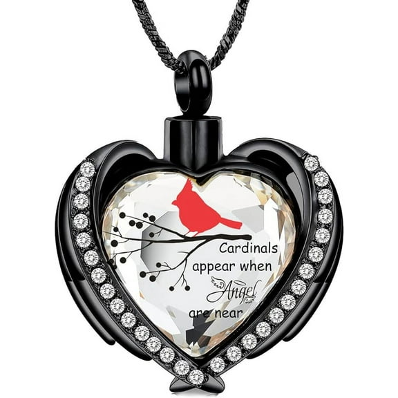 Red Cardinal Urn Ashes Necklace for Women Men Angel Wing Crystal Heart Urn Locket for Ashes Keepsake Memorial Cremation Jewelry