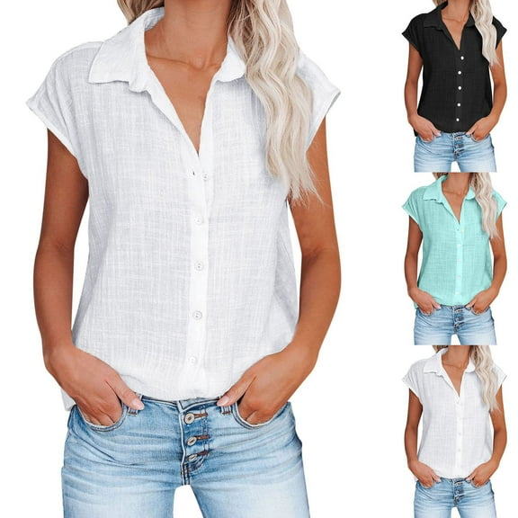 Wovilon Shirts For Women Summer Casual Cotton Linen Short Sleeve T Shirt Loose Fit Lapel Solid Color Tees