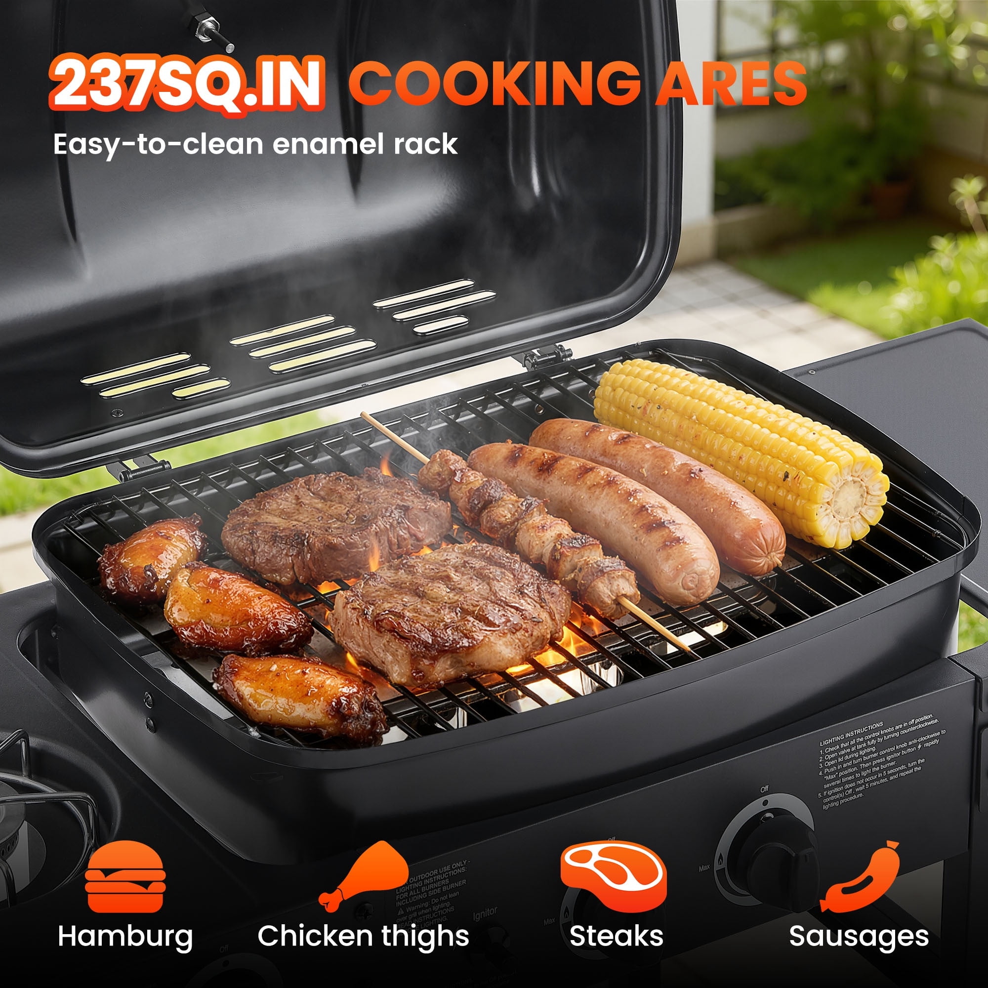 Seizeen 2-Burner Gas Grill Outdoor BBQ with Side Burner, Stainless Steel Propane Grill 24000 BTU Output, Barbecue Grill with Enameled Grate and Side Tables for Outdoor Patio Backyard Cooking