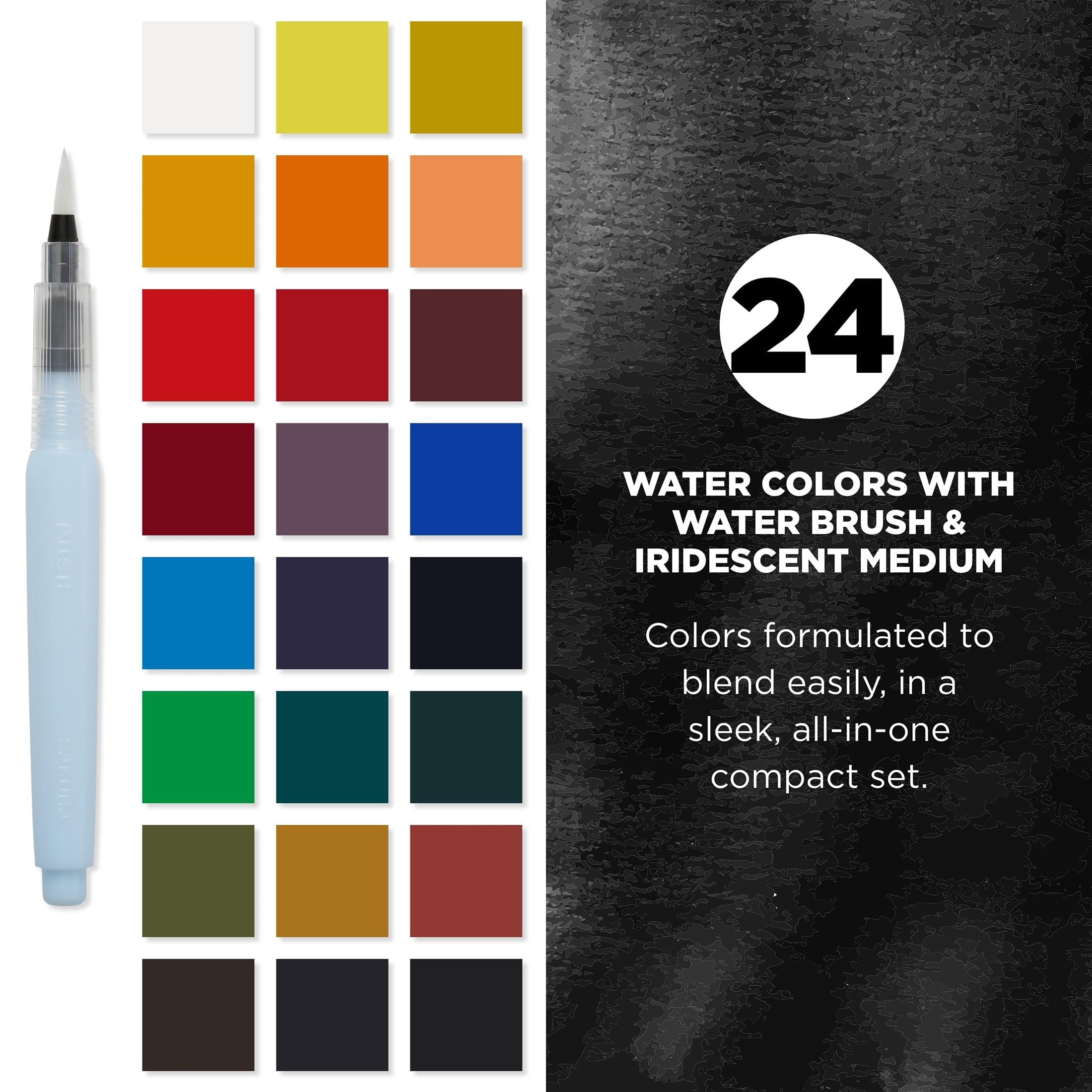 Sakura Koi Pocket Field Sketch Kit - Watercolor Sets for Painting On the Go - 24 Colors + Iridescent Medium 5 mL Tube - 1 Water Brush - 1 Sponge - 1 Palette
