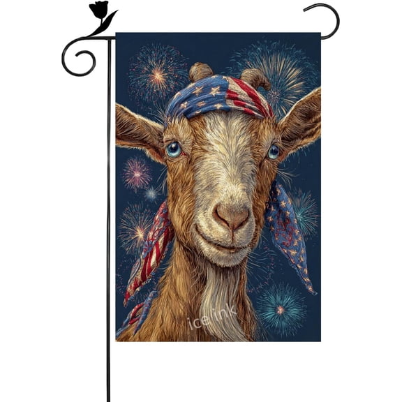 Independence Day Patriotic Goat Garden Flag 12x18 Inch Linen Burlap Double Sided American Fireworks Decor (23260)