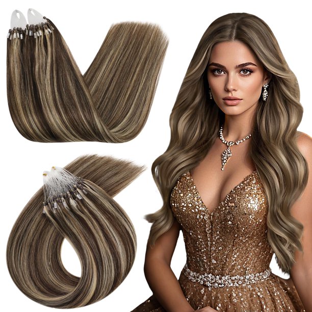 Extensiones de cabello Ugeat Highlight Microlink para cabello corto marrón oscuro resaltado marrón caramelo Micro Bead Loop extensiones de cabello humano real aspecto natural para mujeres por Cold Fus