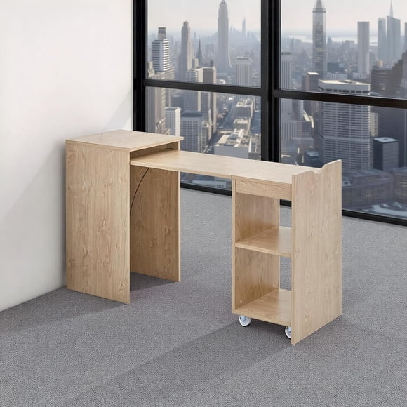 Fohfurniture Escritorio Plegable de Madera Expandible con Estante De Almacenamiento Marrón, Mesa de Escritura de Mediados de Siglo para Oficina en casa Plegable Que Ahorra Espacio.