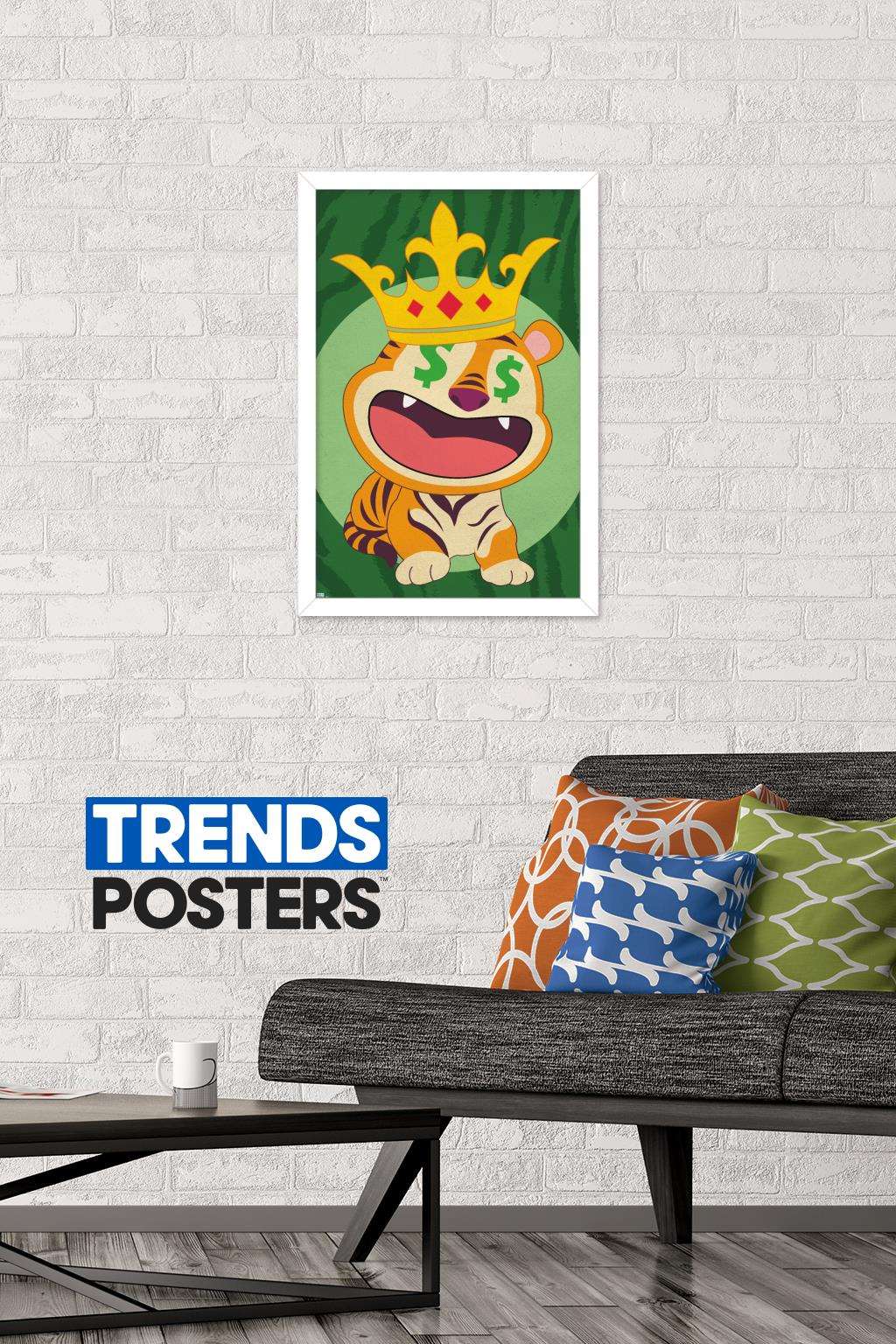 Tiger with Crown Wall Poster, 14.725" x 22.375", Framed