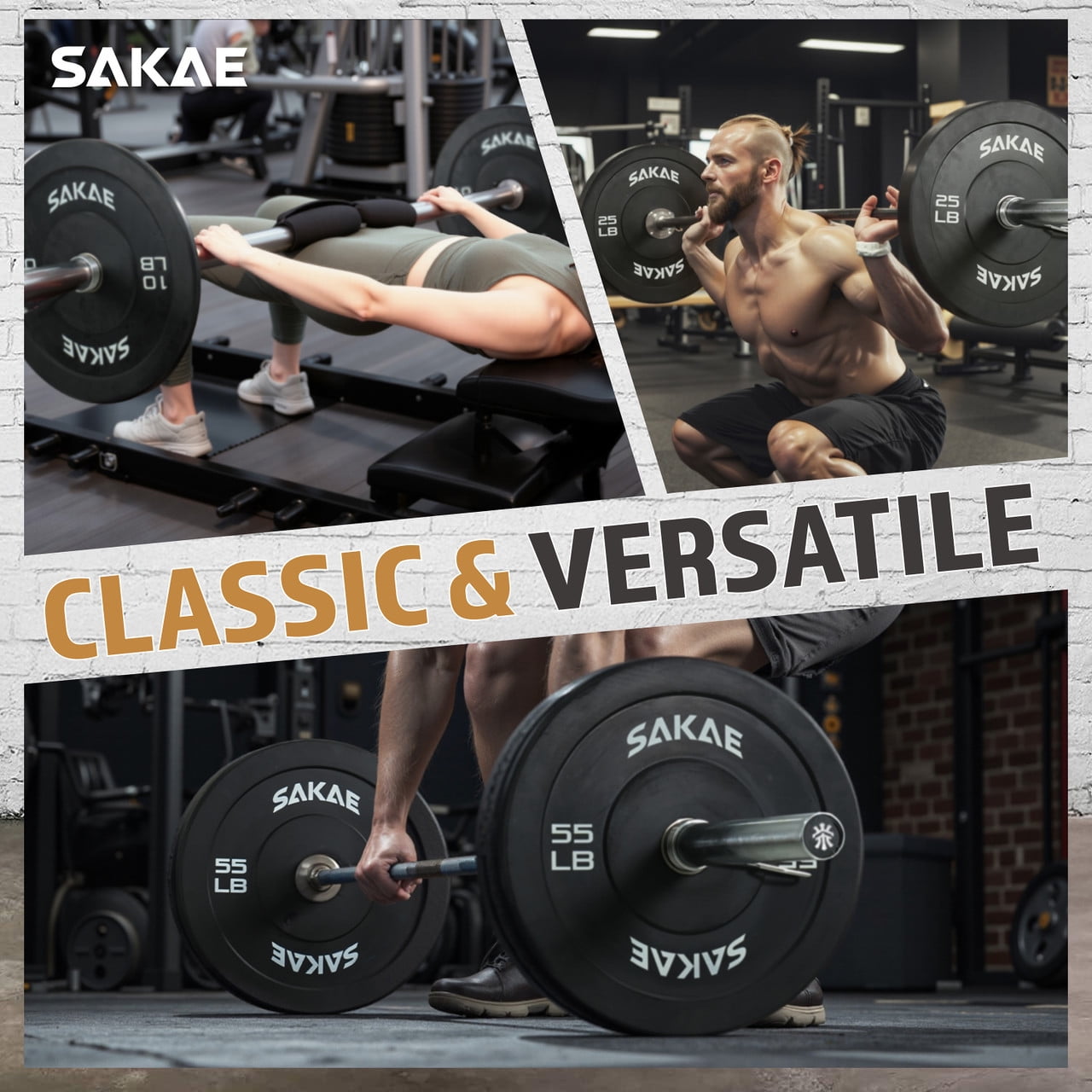 SAKAE Olympic Rubber Bumper Plates, 2-Inch Weight Plates Set with Steel Hub, Ideal for Weightlifting, CrossFit Equipment, Strength Training & Home Gym Workout, 160LB Set (10, 25 & 45LB Pairs)