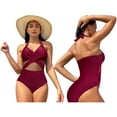 thumbnail image 3 of Women's Crochet One Piece Swimsuits V Neck High Waist Bathing Suit Sexy Hollow Monokini Swimwear Burgundy Large, 3 of 8