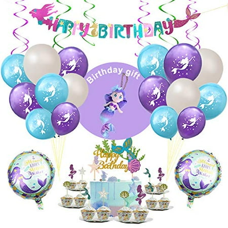 Mermaid Party Supplies, including Mermaid Birthday Banner, Mermaid Gift Doll, Mermaid Balloons, Mermaid Cake Topper, Mermaid Cupcake Toppers