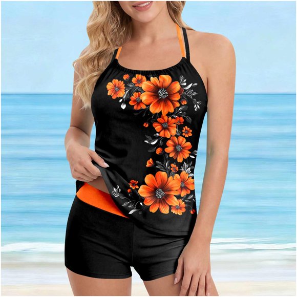 Oksale 2 Piece Tankini Swimsuits for Women Adjustable Strap Flowy Bathing Suits with Boyshorts Floral Print Modest Cozy Swimwear for Beach Multicolor L