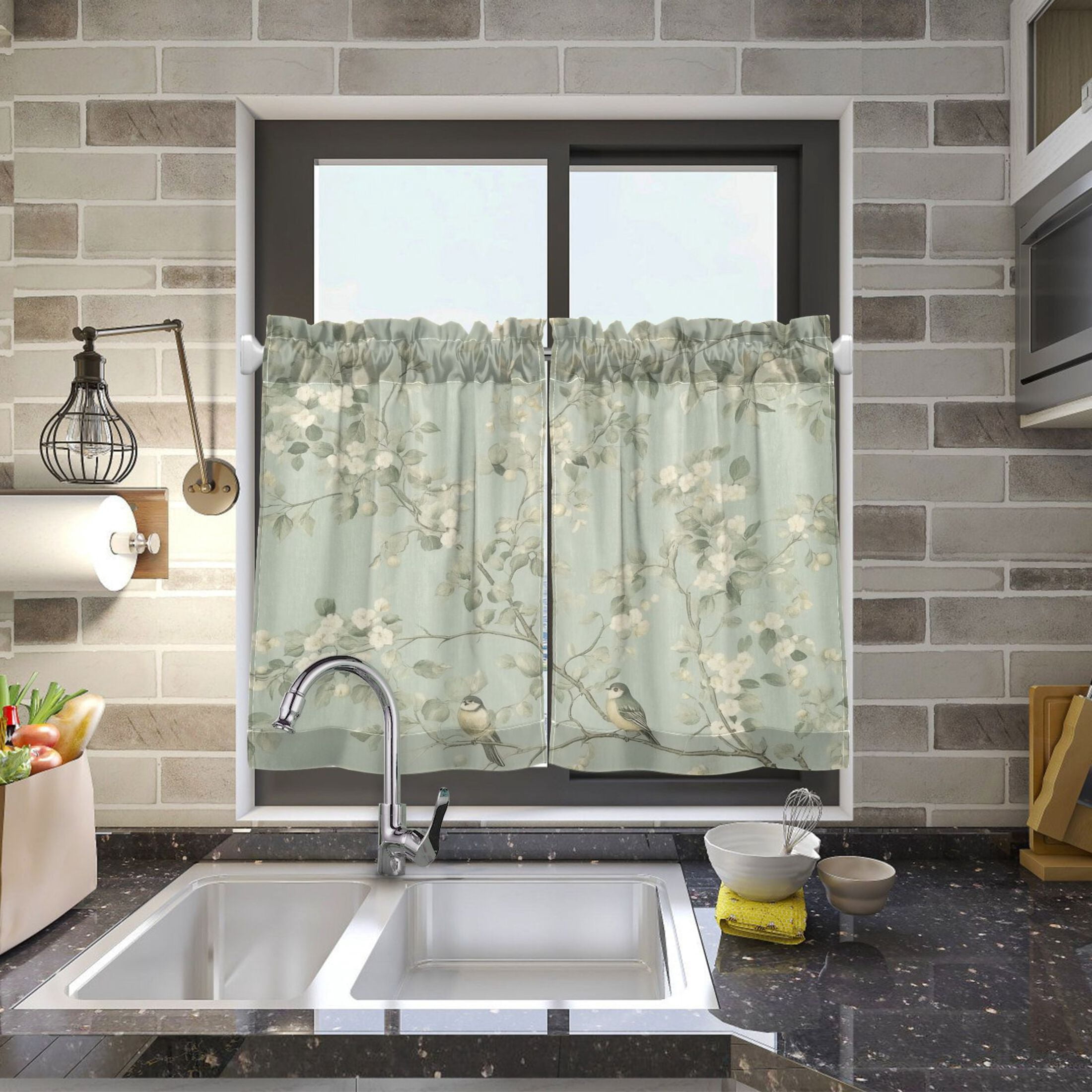 Birds in Bloom 27"x36" Linen Look Cafe Curtain Set with Privacy and UV Protection
