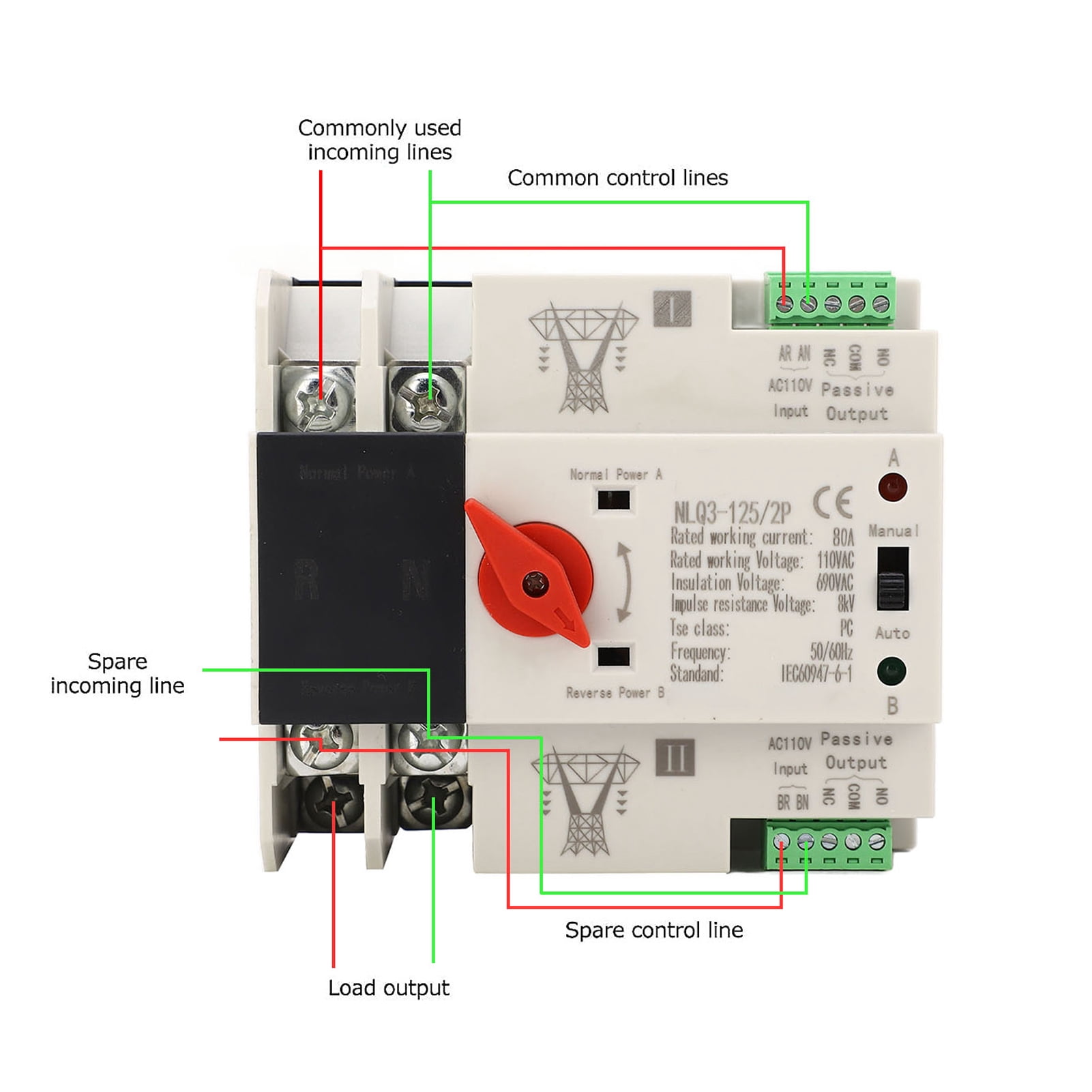AC110V 63A Dual Power Automatic Transfer Switch Quick Switching Mini Power Transfer Switch for Shopping Malls Farms 2P