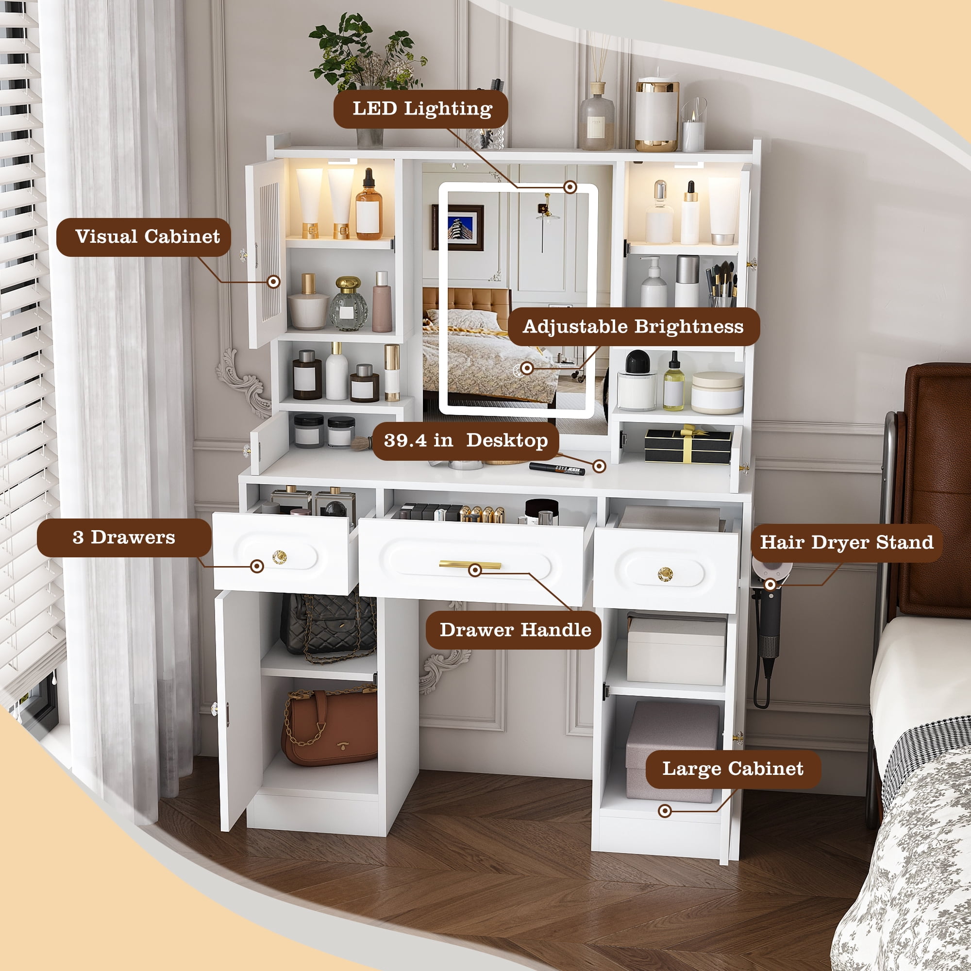 Mintazer Makeup Vanity Table with LED Lighted Mirror & Hair Dryer Holder, Large Dressing Table with 3 Drawers & 6 Cabinets and Power Outlet for Bedroom Apartments, White