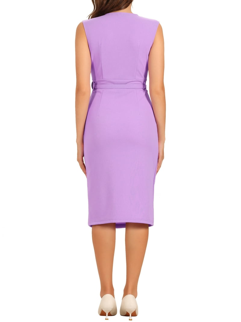 Inspire Chic Women's Sheath Dress Sleeveless V Neck Wear-to-Work Belt Pencil Dresses Light Purple M, Size: Medium