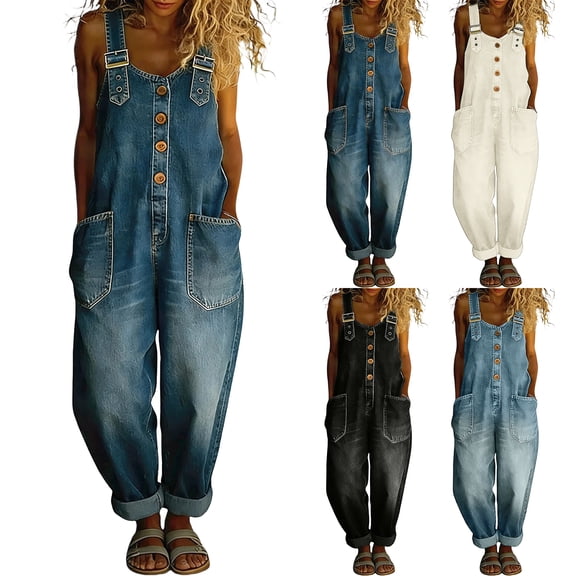 Women's Y2K Denim Bib Overall Pants Button Front Wide Leg Jean Jumpsuits Vintage Loose Romper Blue 3XL