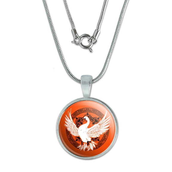 Swan on Fancy Floral Circle 0.75" Pendant with Sterling Silver Plated Chain