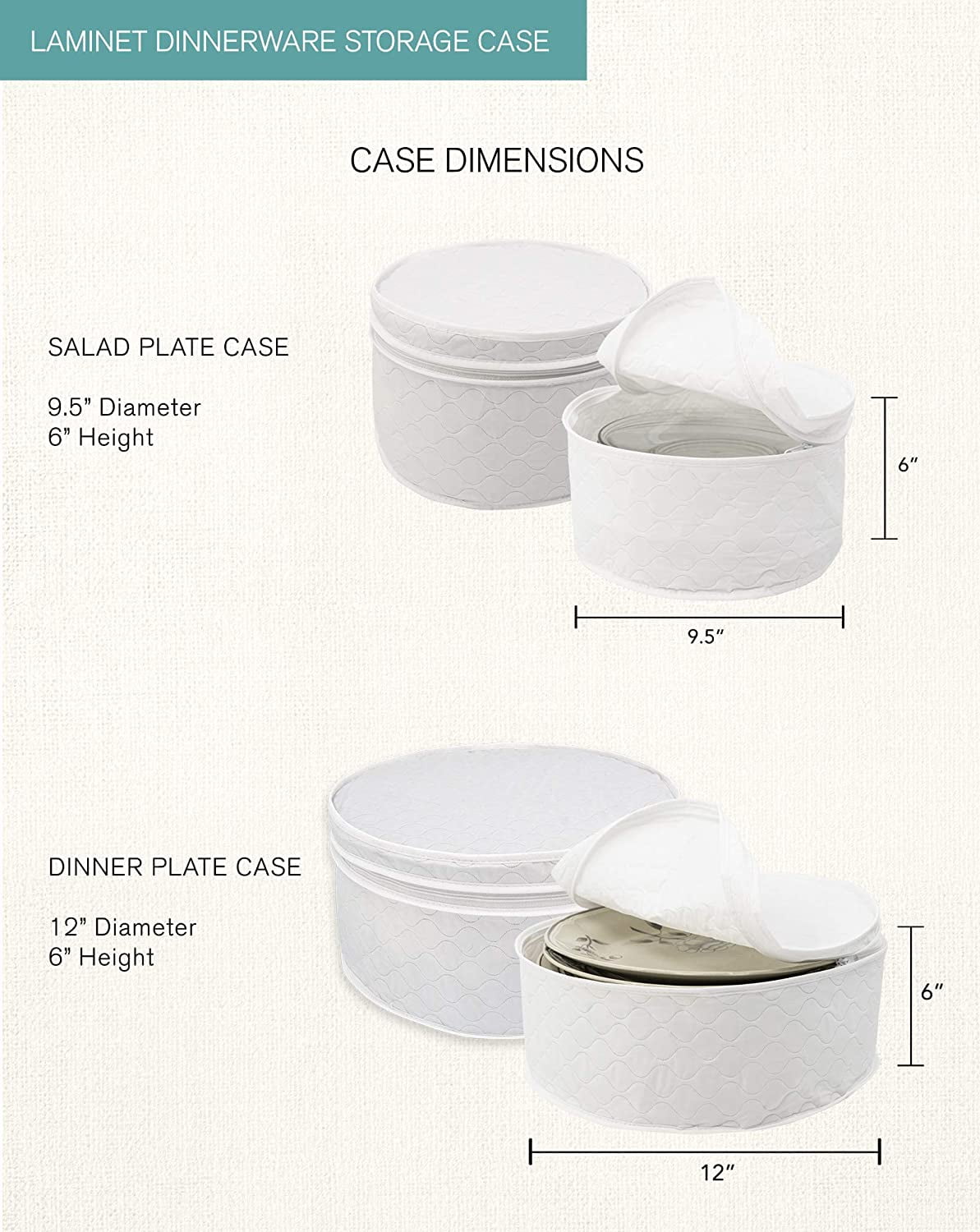 LAMINET 6 Piece Quilted Dinnerware Storage Starter Set - Includes 4 Plate Cases, 1 Cup Case & Platter Case - White 6400AC-FBM