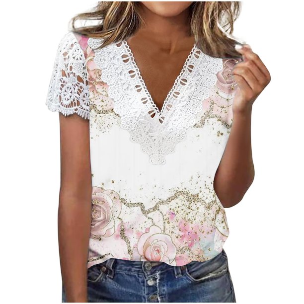 Playera Corte clásico Gibobby para Mujer Encaje cuello en V manga corta estampado Floral Casual