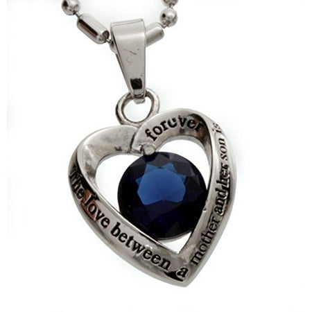 Dark Blue Crystal - Stainless Steel Mother and Son Dark Blue Glass Crystal Heart Pendant Necklace
