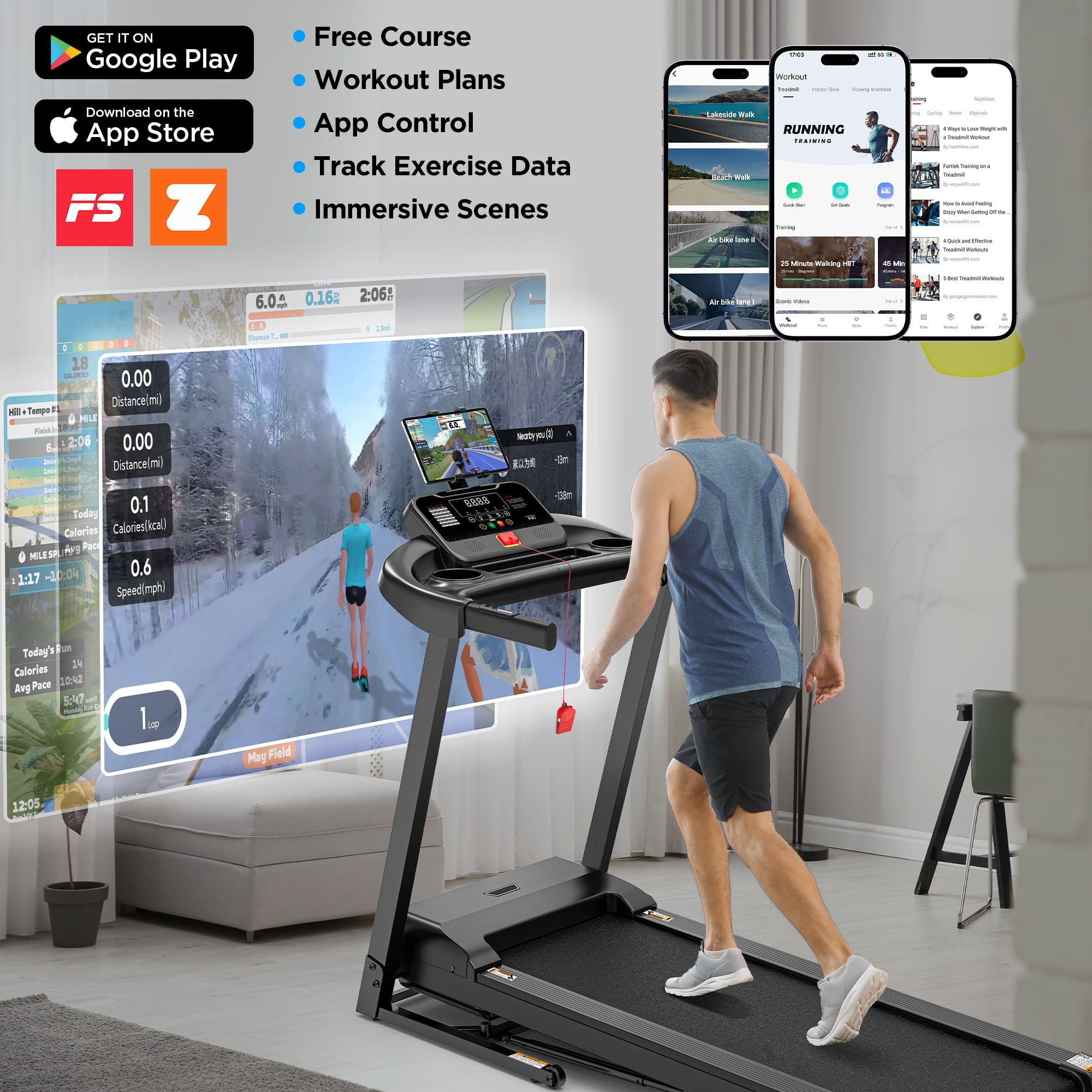 3HP Folding Treadmill for Home, 9% Manual Incline, 64 Programs, Smart App Control, 300 lbs Capacity, Quiet & Shock Absorption