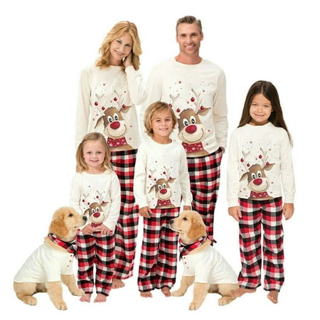 

GRNSHTS Matching Family Christmas Pajamas Set Reindeer Plaid Printed Xmas PJs Loungewear Sleepwear for Women Men Kids (White Women-XL)