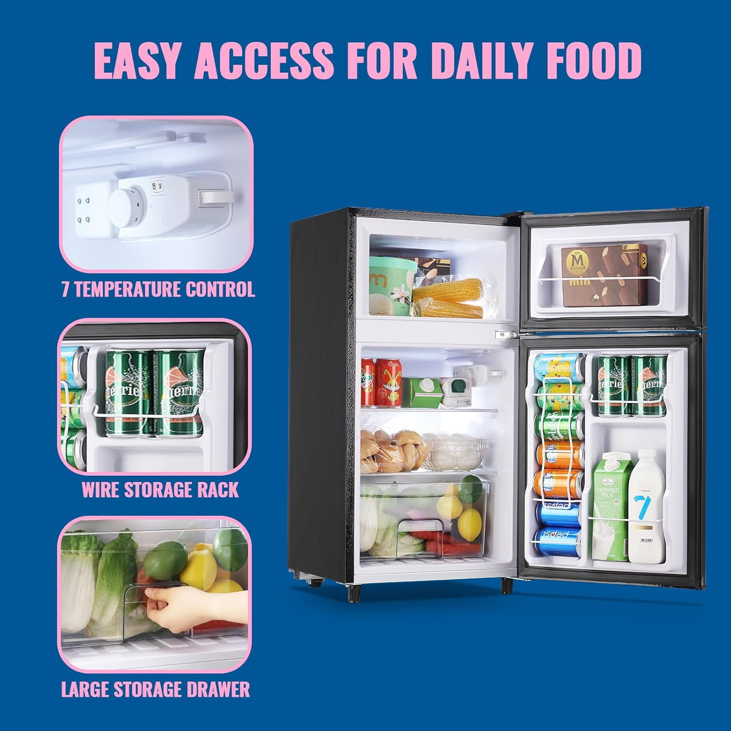 WANAI 3.5 Cubic feet Small Refrigerator with Freezer on Top Double Door Mini Fridge New Black