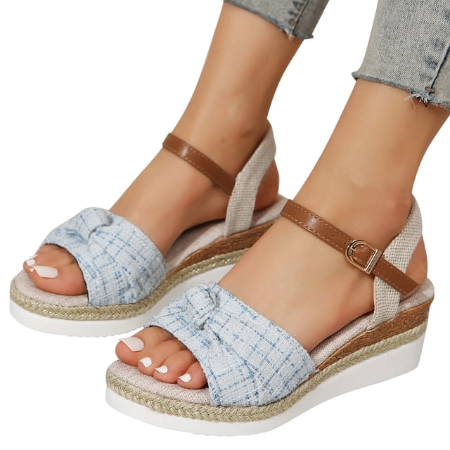 Sandales Habillées à Plateforme Compensée pour Femmes, Mode, à Carreaux, avec Nœud, Bout Ouvert, Talon Haut Épais, Bride à la Cheville, Sandales Habillées