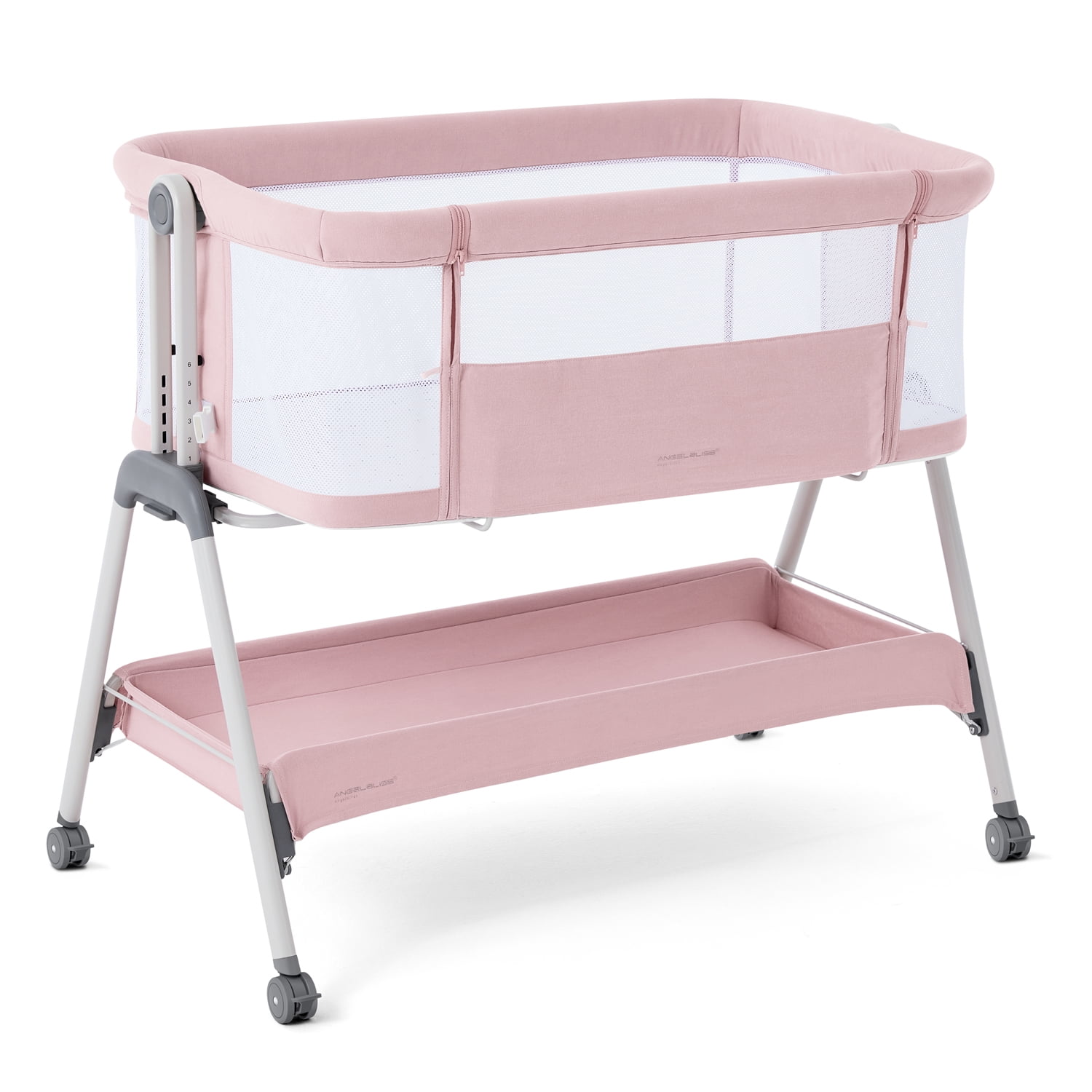 ANGELBLISS Flat Bedside Bassinet with Storage Basket, Easy Folding Portable Crib with Wheels, Included Breathable Mesh, Cozy Mattress(Pale Pink)(0-6 months)