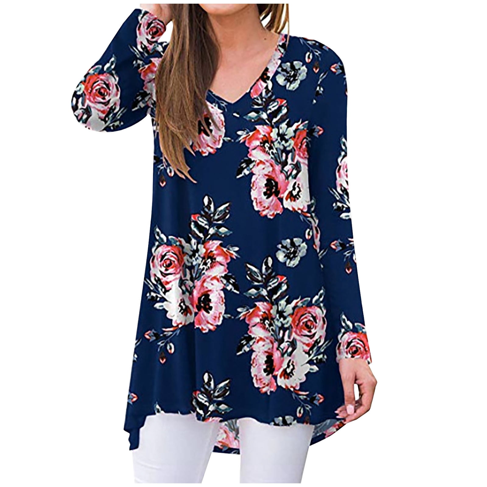 Tunic Long Sleeve Shirts For Women Floral Printed High Low Pullover