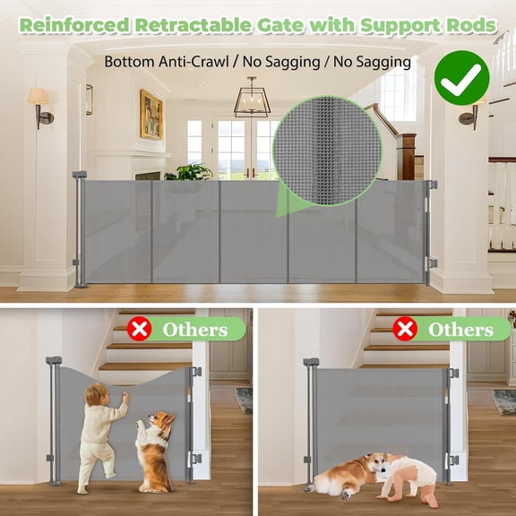 Reinforced 120" Wide Retractable Gate with Support Rods – Prevent Crawling Under, 10 Foot Long Dog Gate Large Gate for Large Openings, Mesh Gate Retractable Pet Gate, Gray