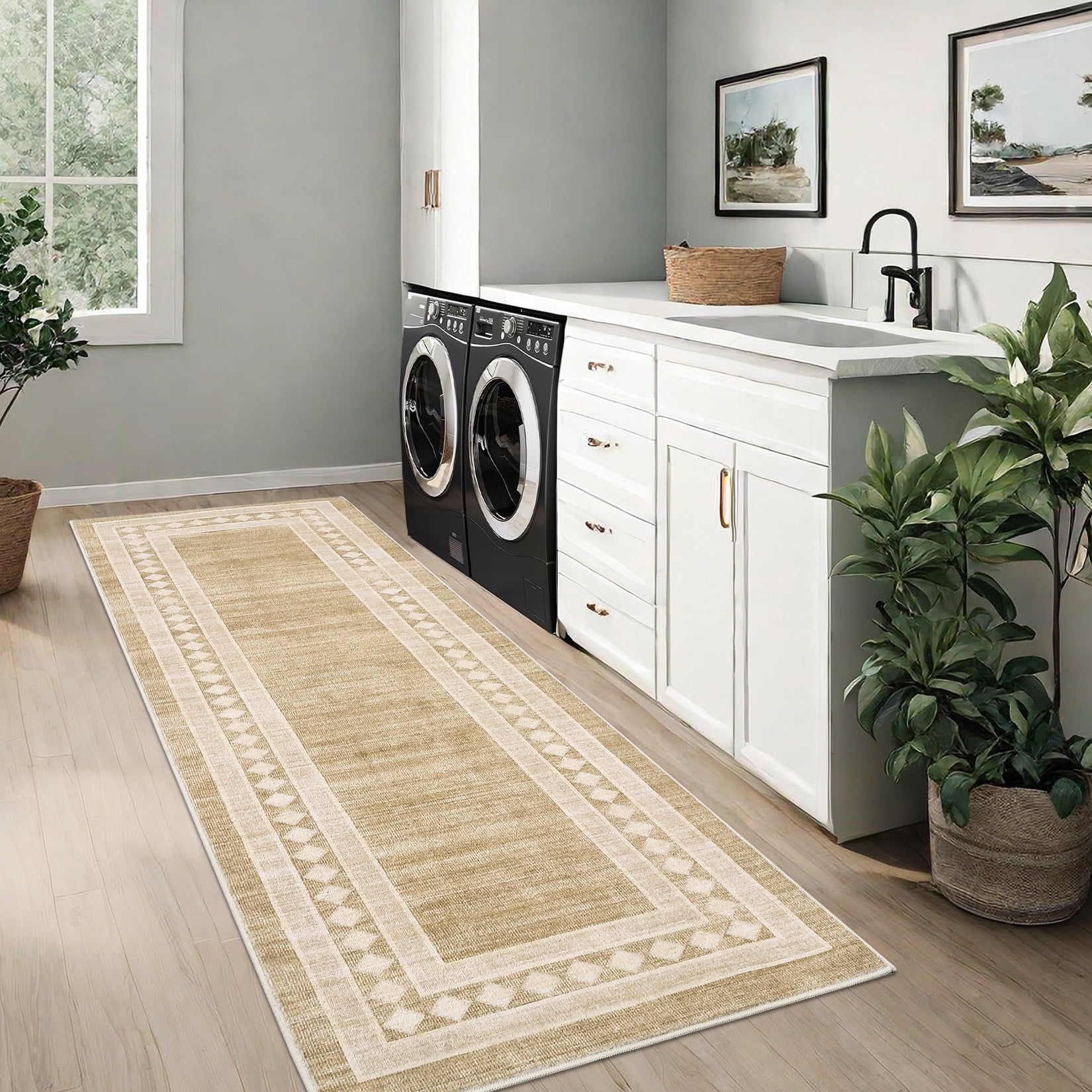 CAROMIO Solid Area Rug Washable Border Rug Modern Geometric Floor Decor Perfect for Living Dining Room, 2' x 6' Camel