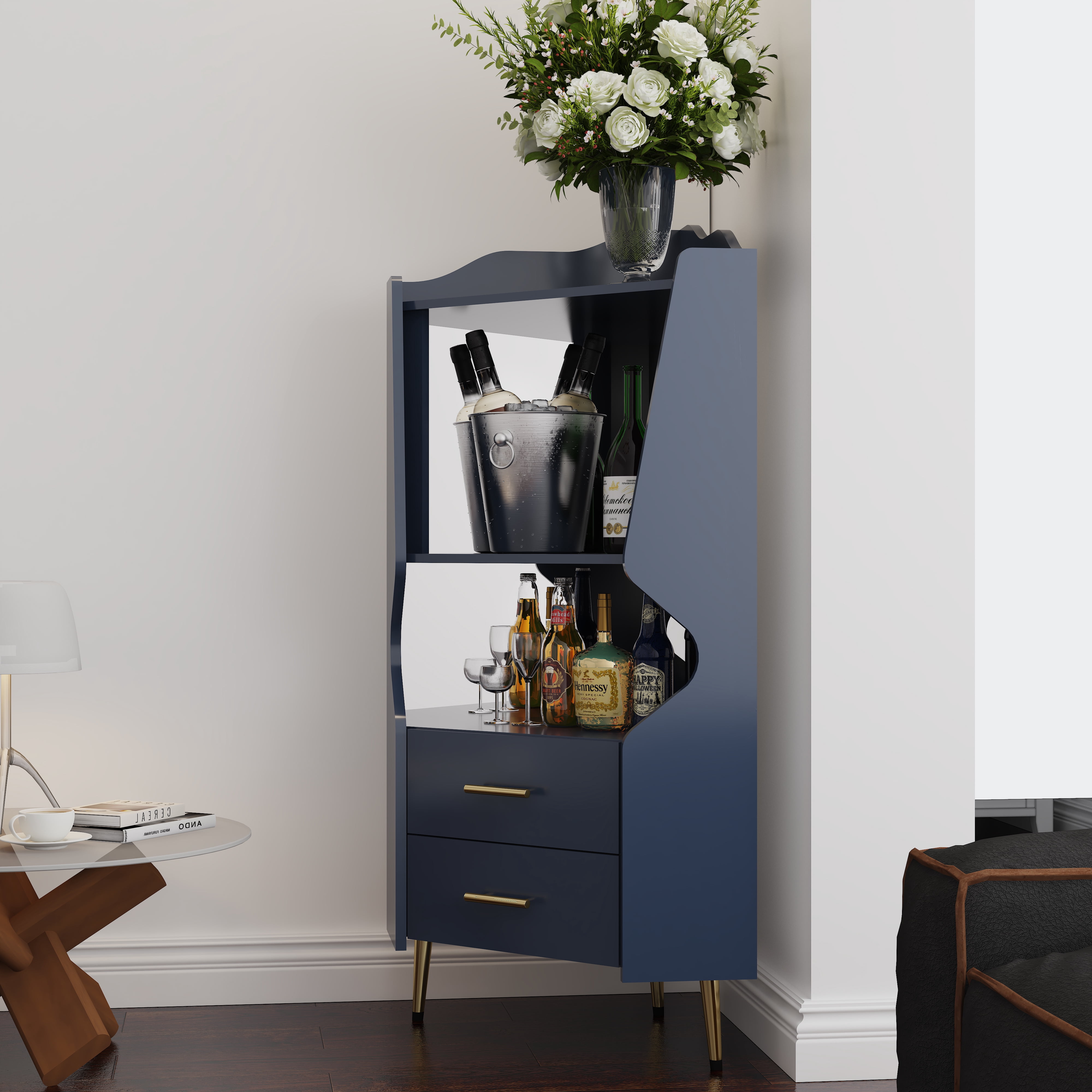 Leumius Corner Coffee Bar Cabinet with 2 Open Shelves and 2 Drawers,Mirrored Back Sideboard,High Legs for Dining Room,Blue