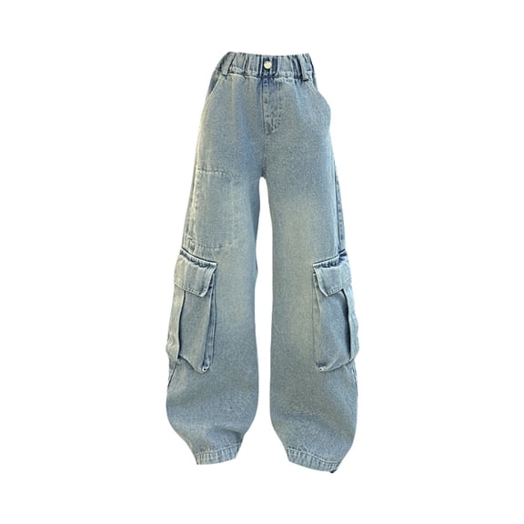 EnJoCho Girls Straight Leg Jeans Elastic High Waist Baggy Plain Cargo Denim Pants Side Large Pockets Teens Kids 𝖸𝟤𝖪 Streetwear Cargo Pants Trousers Jeans