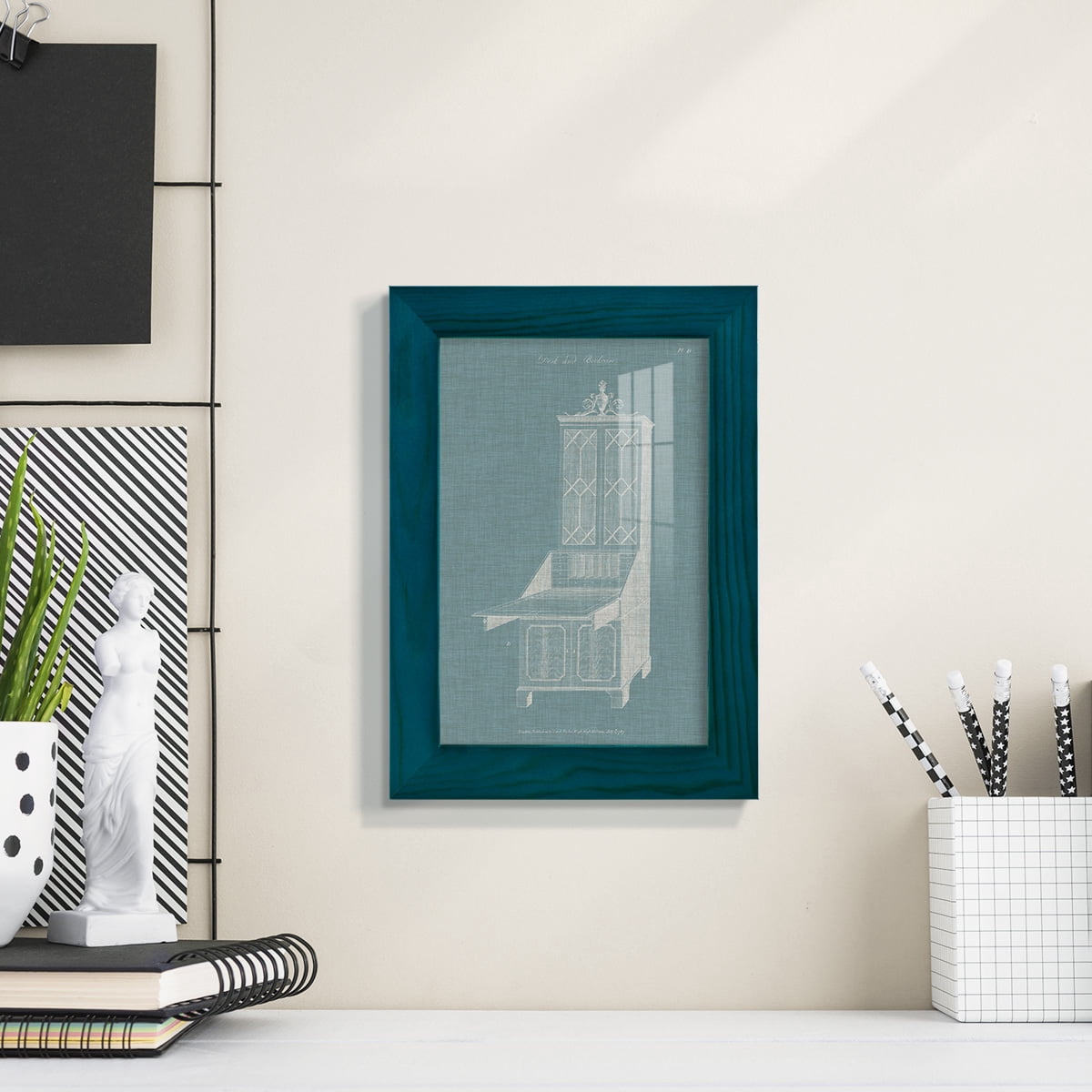 Hepplewhite Desk & Bookcase IV - Framed Print w/glass - Ocean Blue