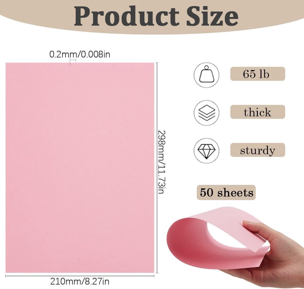 50Pcs 8.3" x 11.7" Card Stock Pink Paper A4 Cardstock 65 Lb Colored Blank Heavy Rectangle Cards Art Kraft Cover Printer Paper