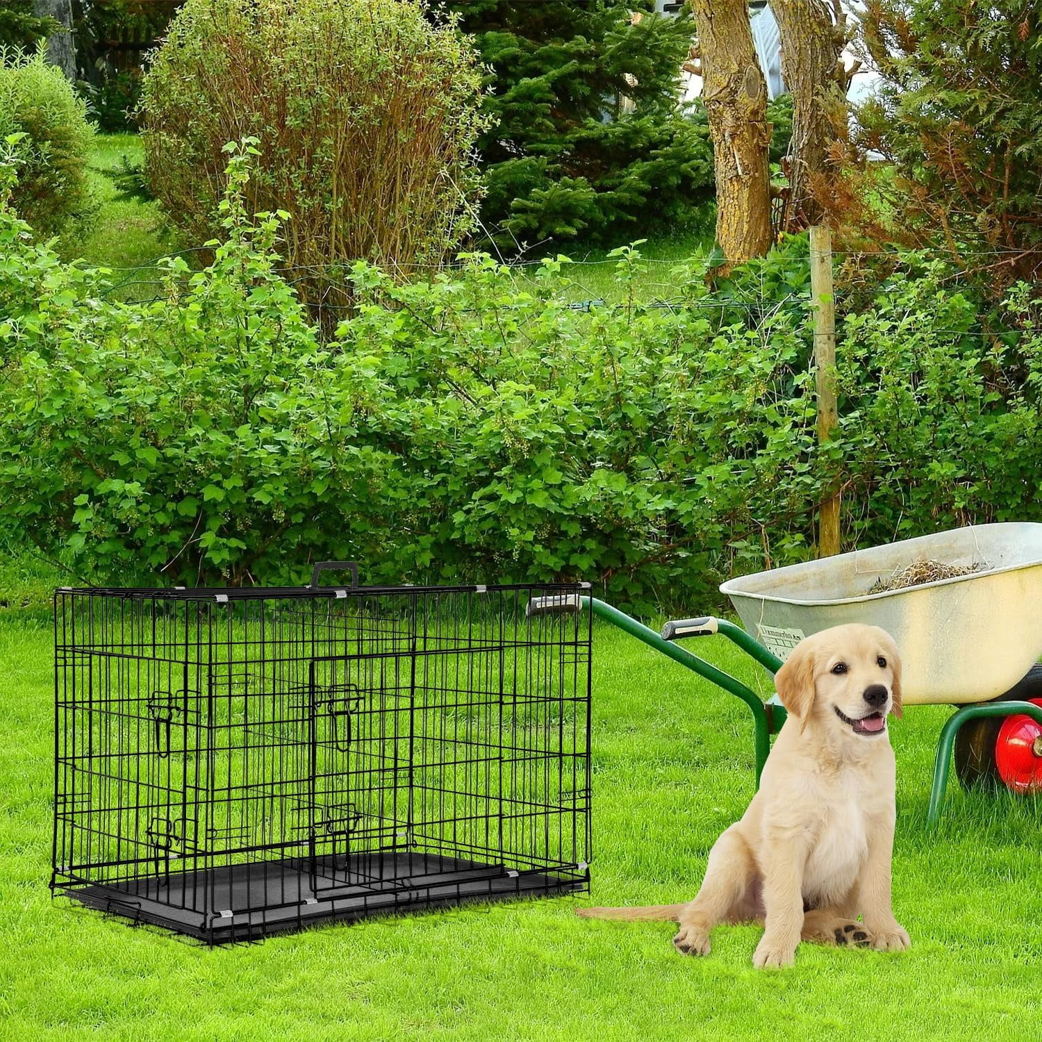 42 Inch Large Dog Crate Dog Kennel Pet Cage Metal Wire Crates Pet Cages Double-Door Folding Kennels with Handle Leak-Proof Pan Tray,Black