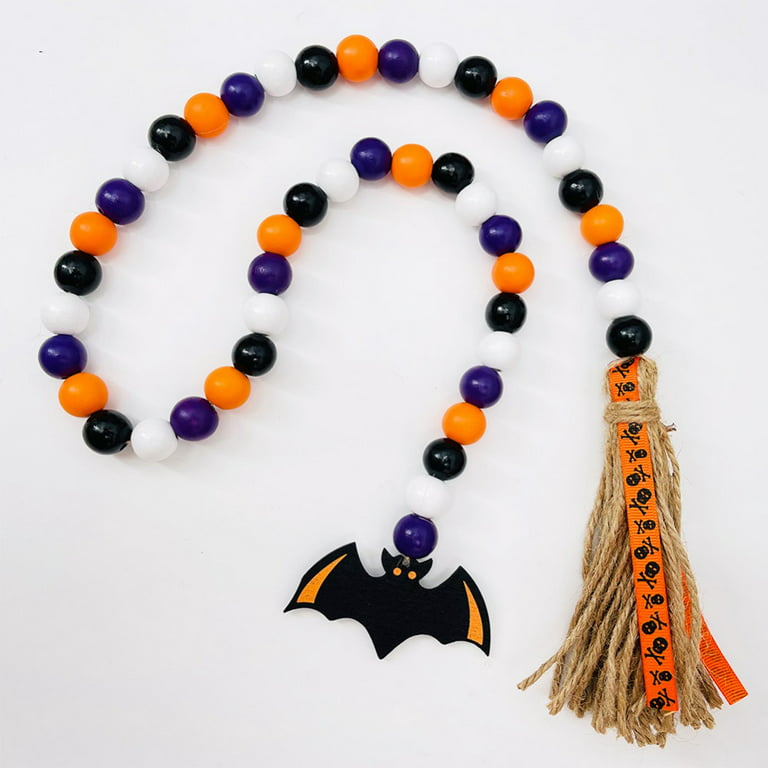 Handmade Wood Bead Garland with Tassels Natural, Orange & Black Halloween  Fall