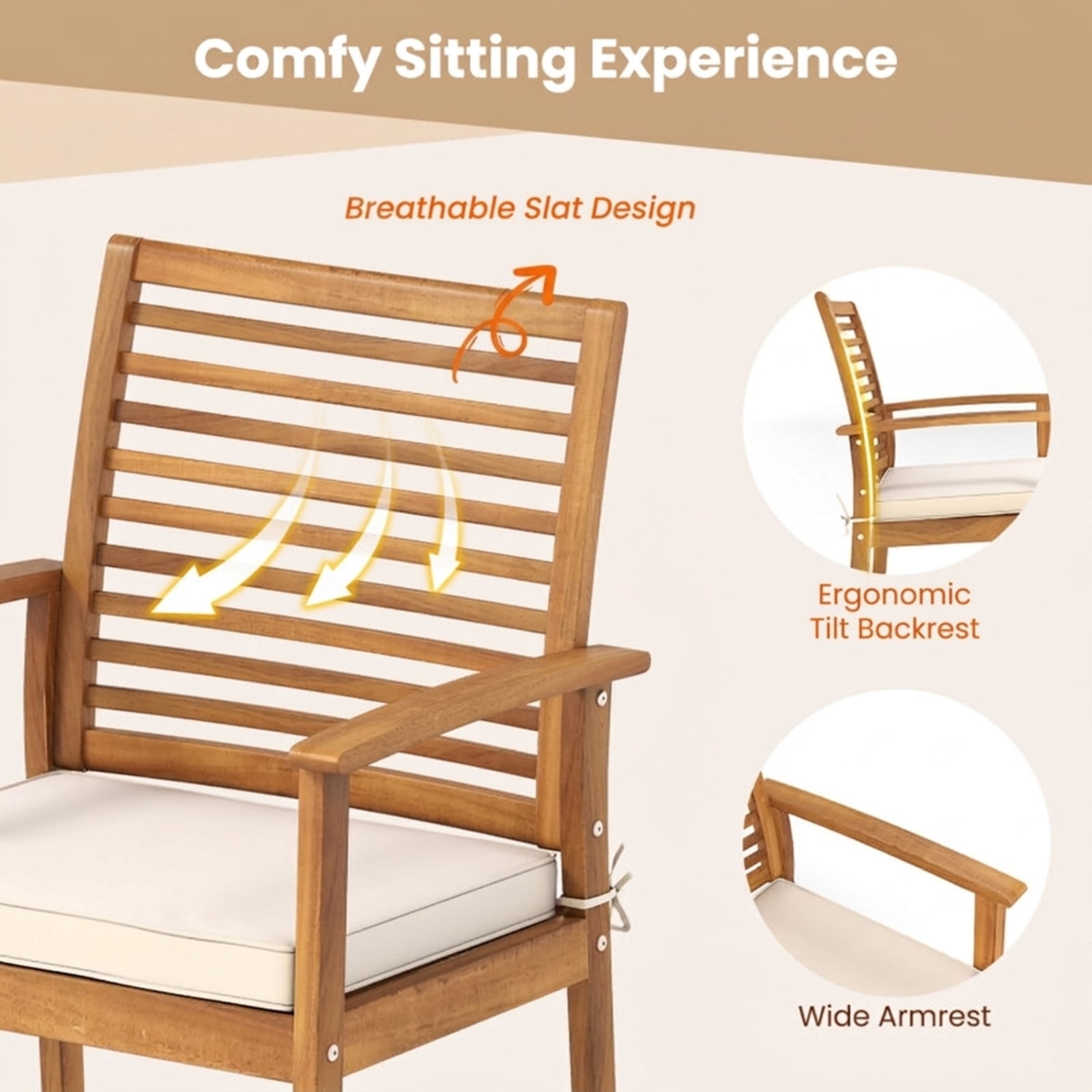 Furnibear Outdoor Patio Dining Chairs Set of 2 Acacia Wood Conversation Chairs with Removable Padded Cushion and Slatted Backrest, Beige