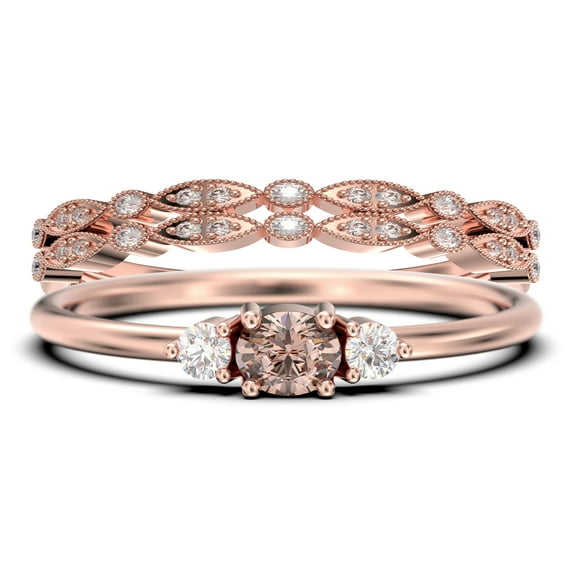 Minimalist 1.65 Carat Slim Oval Cut Morganite And Diamond Moissanite Fairy Engagement Ring, Dainty Wedding Ring in 10k Solid Rose Gold, Affordable Gift, Promise Ring, Trio Set, Matching Band