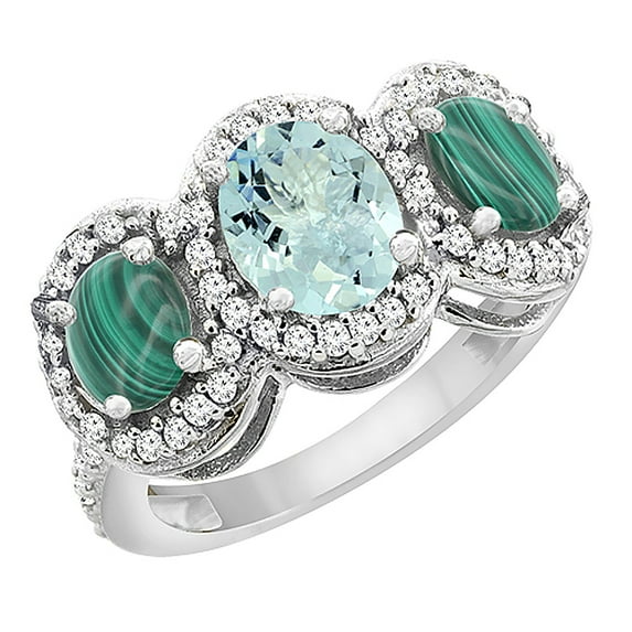10K White Gold Natural Aquamarine & Malachite 3-Stone Ring Oval Diamond Accent, size 10