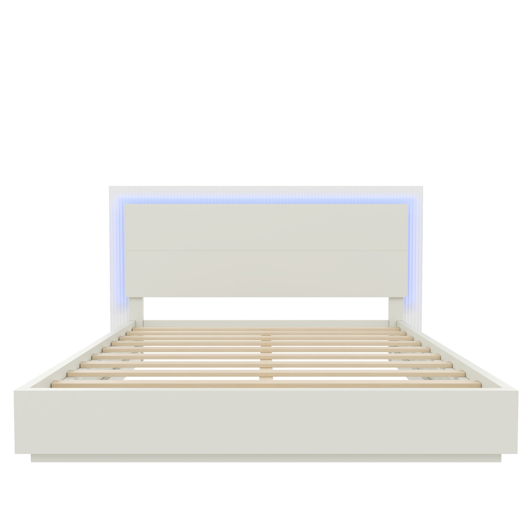 Noble House Queen Wood Platform Bed Frame with LED Headboard, Modern Mattress Foundation with Center Support, White