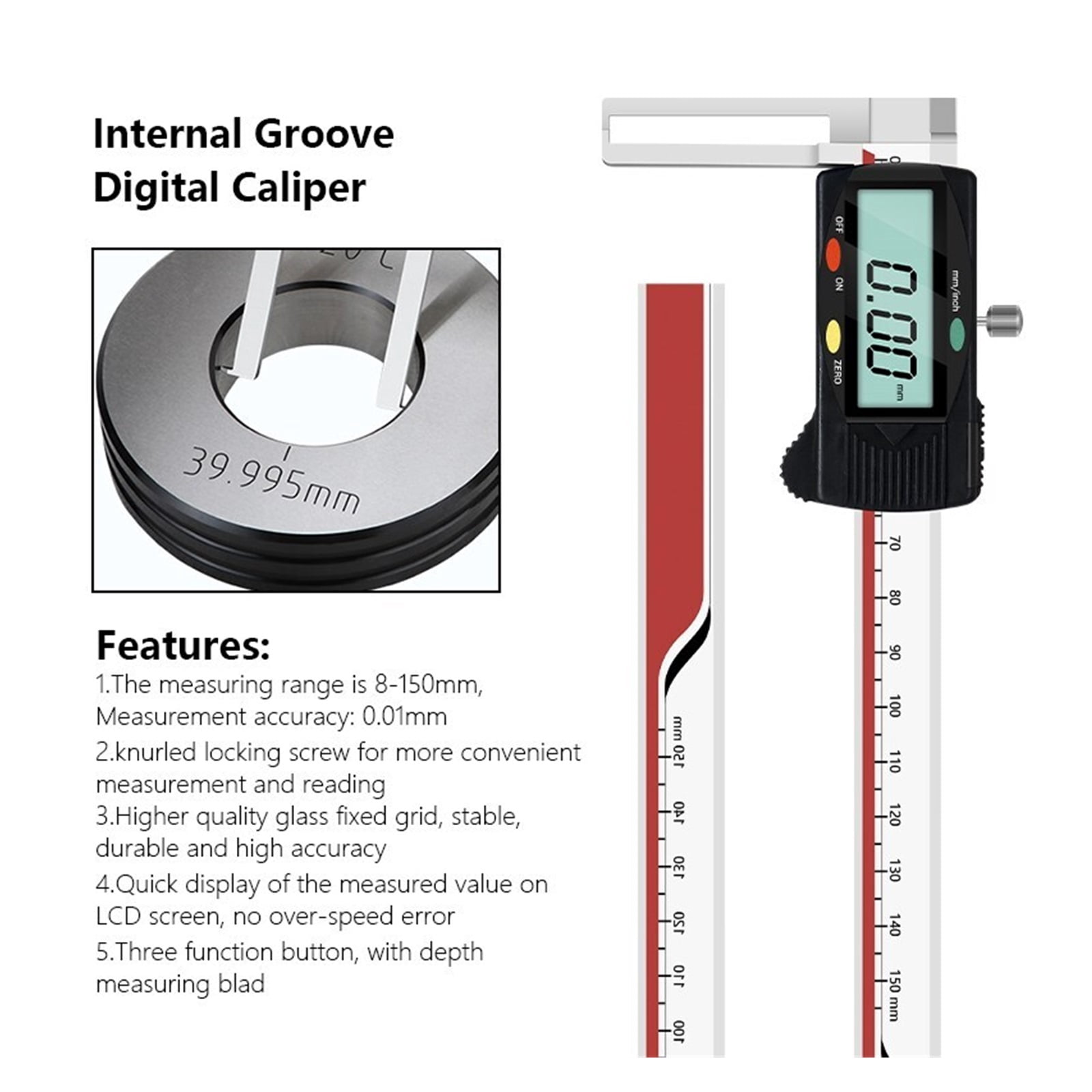 Caliper 8-150mm Inside Groove Dial Vernier Caliper Accuracy 0.01mm Long Claws Shockproof Gauge Measure Tool ,Easy to Operate
