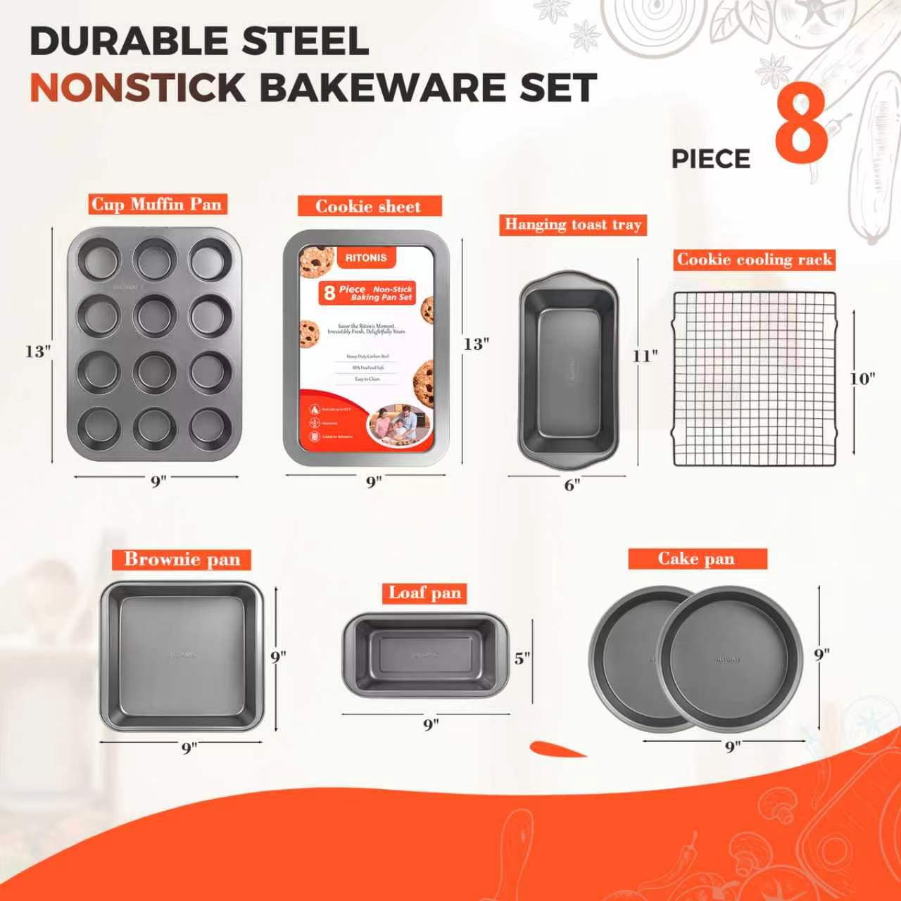 RITONIS 8-Piece Baking Pan Set, Non-stick Stacker Non-Toxic Oven Pan Set for Cooking, Includes Round/Square Cake Pan, Bread Pan, Muffin Pan, Cookie Sheet,cooling rack，with One Baking Glove