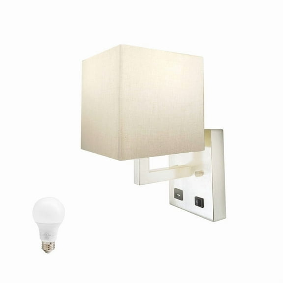 Lucere Square Fabric Light Sconce, Bedside Wall Mount Light with USB Charging Ports/Butto